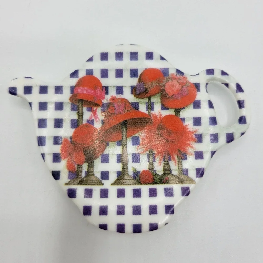 Vtg Fashion Hats Design Tea Bag Holder Rest Trinket Dish Made In Italy Melamine